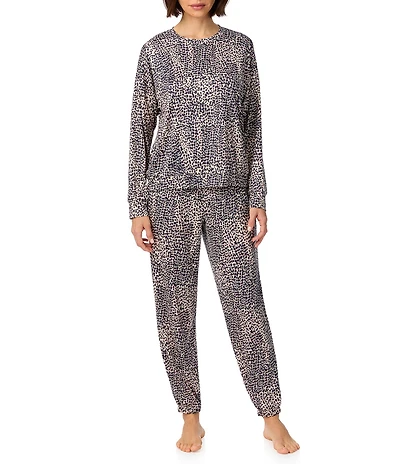 DKNY by Donna Karan Animal Print Long Sleeve Round Neck Jersey Knit Jogger Pajama Set