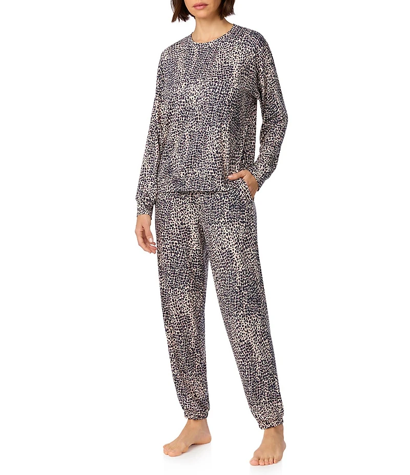 DKNY by Donna Karan Animal Print Long Sleeve Round Neck Jersey Knit Jogger Pajama Set