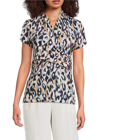 DKNY by Donna Karan Animal Print Surplice V-Neck Short Sleeve Side Ruched Top