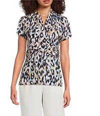 DKNY by Donna Karan Animal Print Surplice V-Neck Short Sleeve Side Ruched Top