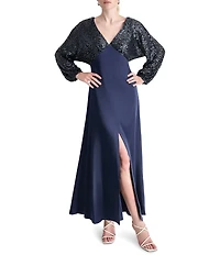 DKNY By Donna Karan Balloon Long Sleeve V Neck Stretch Sequin Long Gown