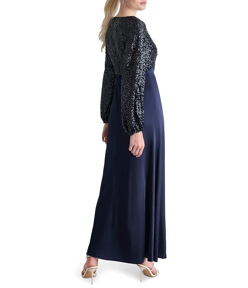 DKNY By Donna Karan Balloon Long Sleeve V Neck Stretch Sequin Long Gown