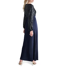 DKNY By Donna Karan Balloon Long Sleeve V Neck Stretch Sequin Long Gown