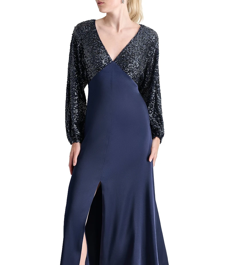 DKNY By Donna Karan Balloon Long Sleeve V Neck Stretch Sequin Long Gown