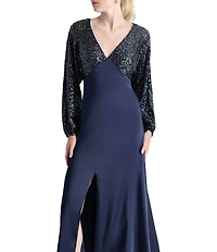 DKNY By Donna Karan Balloon Long Sleeve V Neck Stretch Sequin Long Gown