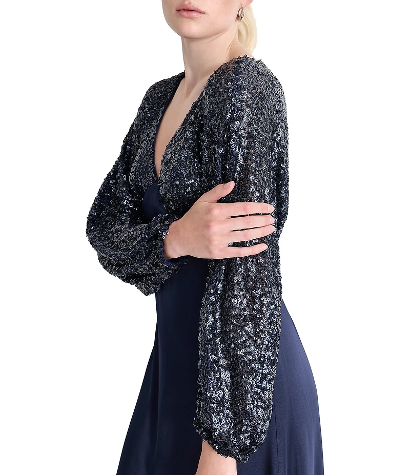 DKNY By Donna Karan Balloon Long Sleeve V Neck Stretch Sequin Long Gown