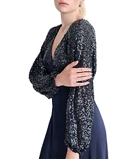DKNY By Donna Karan Balloon Long Sleeve V Neck Stretch Sequin Long Gown