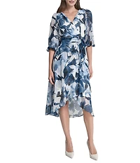 DKNY by Donna Karan Balloon Sleeve Faux Wrap High-Low Midi Dress