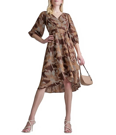 DKNY By Donna Karan Balloon Sleeve Floral Print Faux Wrap Dress
