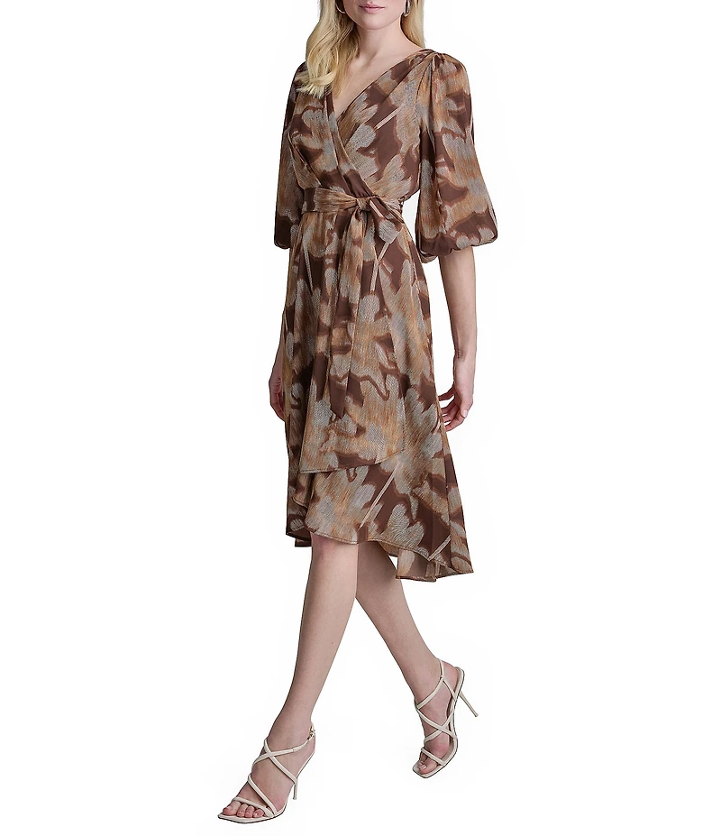 DKNY By Donna Karan Balloon Sleeve Floral Print Faux Wrap Dress