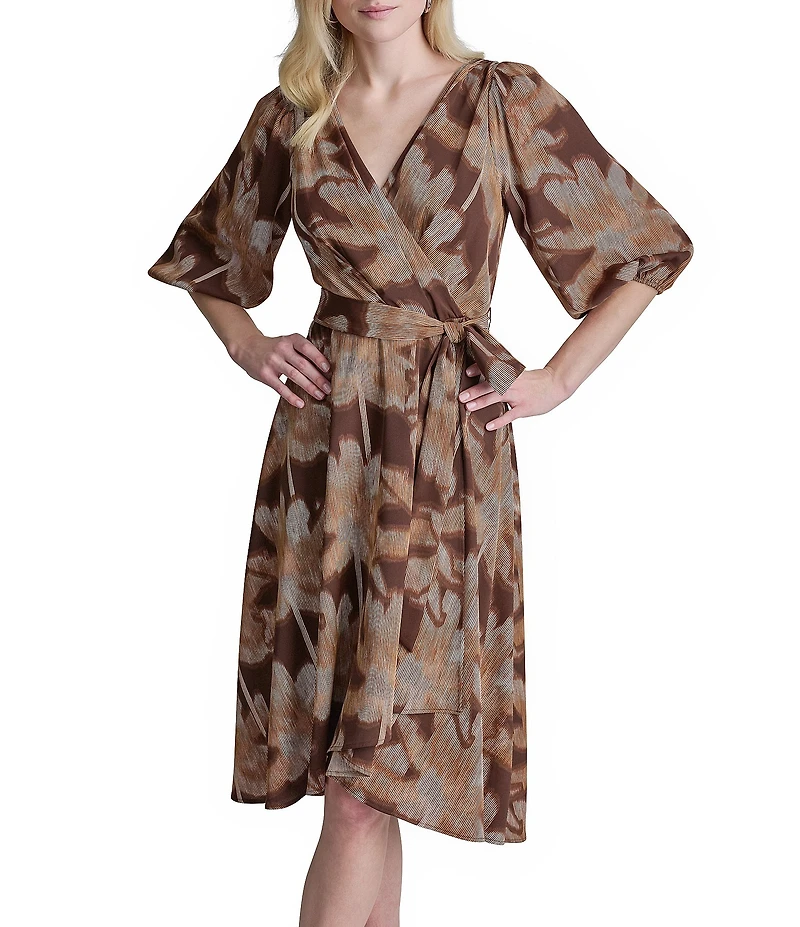 DKNY By Donna Karan Balloon Sleeve Floral Print Faux Wrap Dress