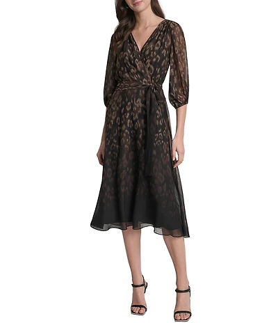 DKNY By Donna Karan Balloon Sleeve Ombre Animal Print Chiffon Faux Wrap Midi Dress
