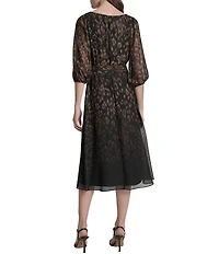 DKNY By Donna Karan Balloon Sleeve Ombre Animal Print Chiffon Faux Wrap Midi Dress