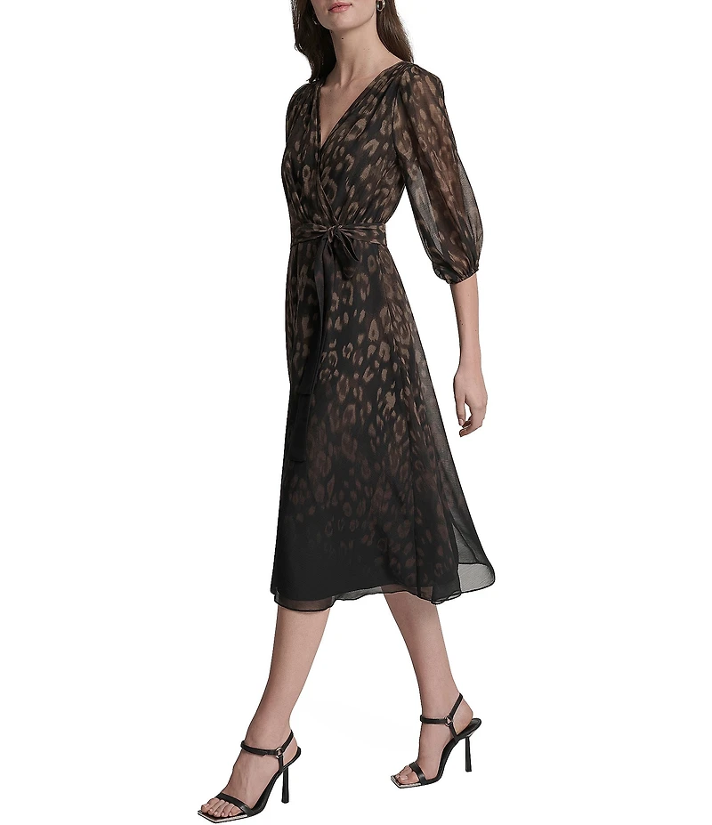 DKNY By Donna Karan Balloon Sleeve Ombre Animal Print Chiffon Faux Wrap Midi Dress