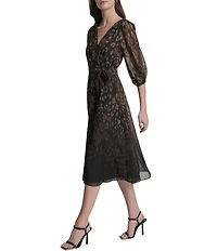 DKNY By Donna Karan Balloon Sleeve Ombre Animal Print Chiffon Faux Wrap Midi Dress