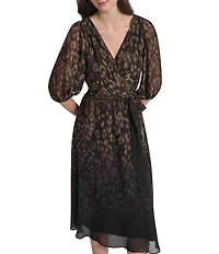 DKNY By Donna Karan Balloon Sleeve Ombre Animal Print Chiffon Faux Wrap Midi Dress