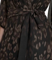 DKNY By Donna Karan Balloon Sleeve Ombre Animal Print Chiffon Faux Wrap Midi Dress