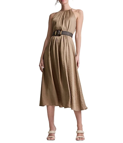 DKNY By Donna Karan Belted Glossy Rayon Halter Neck Midi Dress