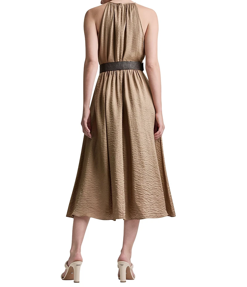 DKNY By Donna Karan Belted Glossy Rayon Halter Neck Midi Dress