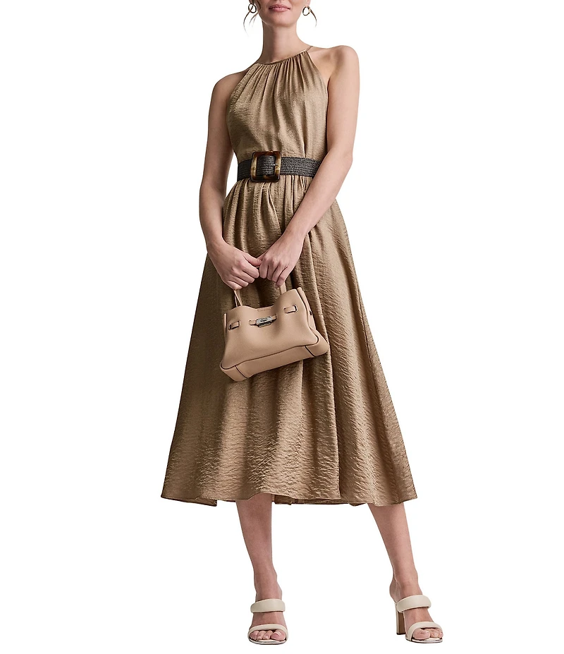 DKNY By Donna Karan Belted Glossy Rayon Halter Neck Midi Dress