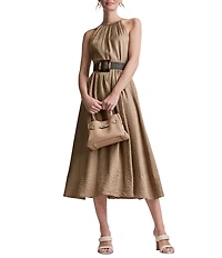 DKNY By Donna Karan Belted Glossy Rayon Halter Neck Midi Dress