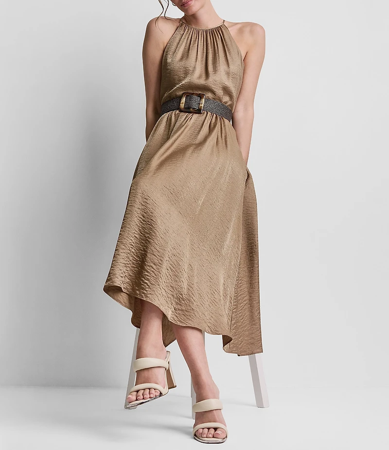 DKNY By Donna Karan Belted Glossy Rayon Halter Neck Midi Dress
