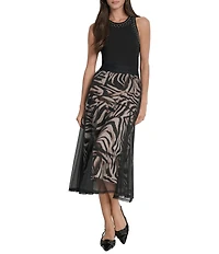 DKNY by Donna Karan Blurred Zebra Mesh Overlay A-Line Midi Skirt
