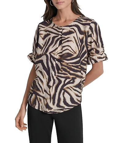 DKNY by Donna Karan Blurred Zebra Print Crew Neck Rolled Puff Sleeve Blouse