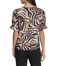 DKNY by Donna Karan Blurred Zebra Print Crew Neck Rolled Puff Sleeve Blouse