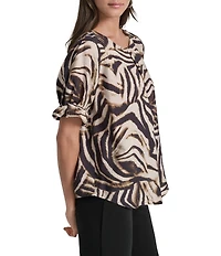 DKNY by Donna Karan Blurred Zebra Print Crew Neck Rolled Puff Sleeve Blouse