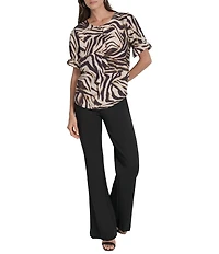 DKNY by Donna Karan Blurred Zebra Print Crew Neck Rolled Puff Sleeve Blouse