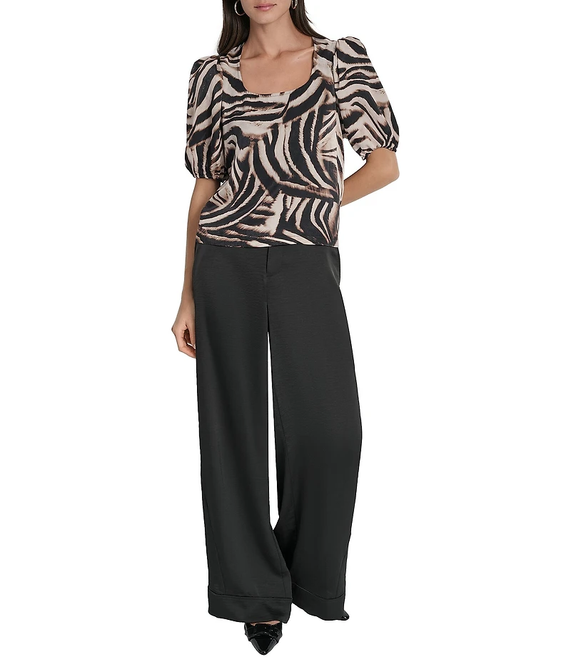 DKNY By Donna Karan Blurred Zebra Satin Puff Sleeve Cold Shoulder Top