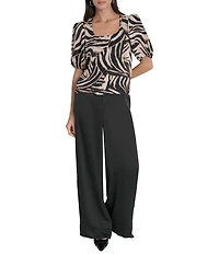 DKNY By Donna Karan Blurred Zebra Satin Puff Sleeve Cold Shoulder Top