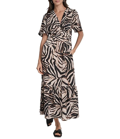 DKNY By Donna Karan Blurred Zebra Supple Satin Elastic V-Neck Short Sleeve Dress