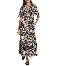 DKNY By Donna Karan Blurred Zebra Supple Satin Elastic V-Neck Short Sleeve Dress
