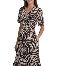 DKNY By Donna Karan Blurred Zebra Supple Satin Elastic V-Neck Short Sleeve Dress