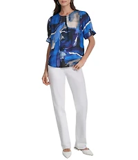 DKNY by Donna Karan Brush Stroke Print Crew Neck Rolled Puff Sleeve Blouse
