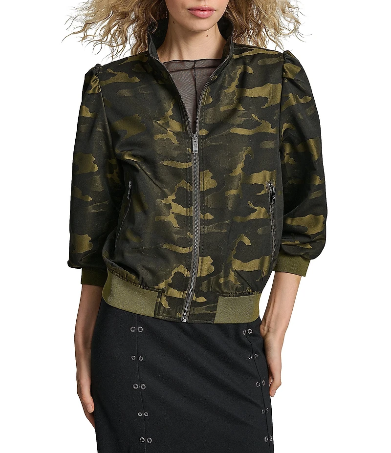 DKNY by Donna Karan Camo Jacquard 3/4 Sleeve Bomber Jacket