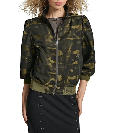 DKNY by Donna Karan Camo Jacquard 3/4 Sleeve Bomber Jacket