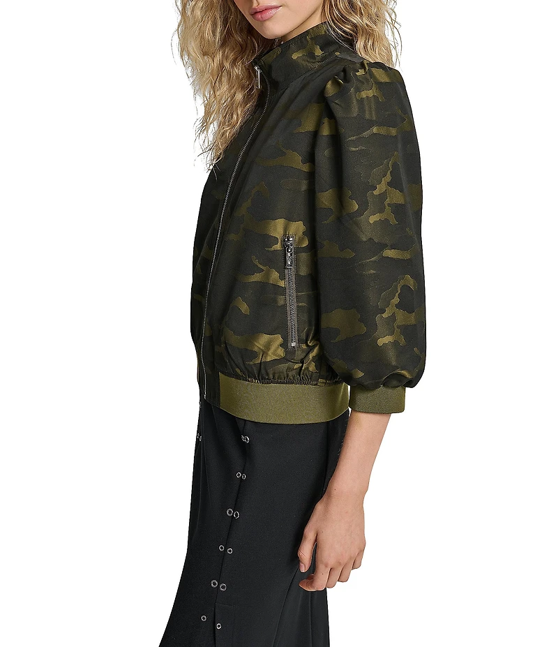 DKNY by Donna Karan Camo Jacquard 3/4 Sleeve Bomber Jacket