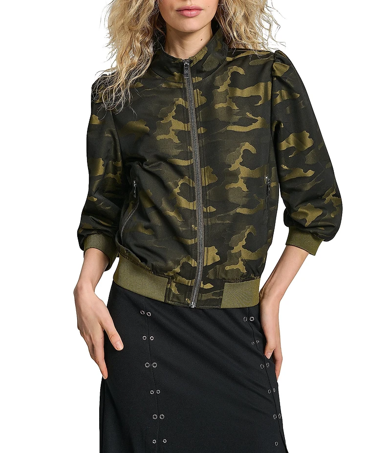 DKNY by Donna Karan Camo Jacquard 3/4 Sleeve Bomber Jacket