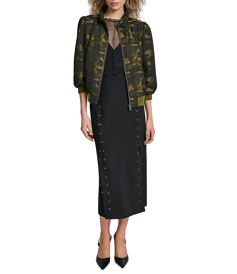 DKNY by Donna Karan Camo Jacquard 3/4 Sleeve Bomber Jacket