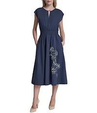 DKNY By Donna Karan Cap Sleeve Cinched Waist Faux Embroidered Midi Dress