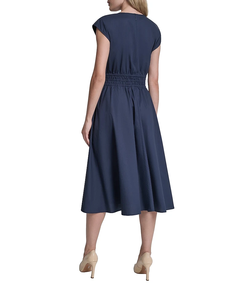 DKNY By Donna Karan Cap Sleeve Cinched Waist Faux Embroidered Midi Dress