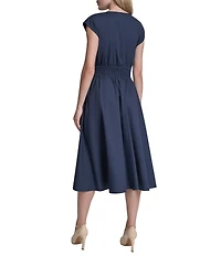 DKNY By Donna Karan Cap Sleeve Cinched Waist Faux Embroidered Midi Dress