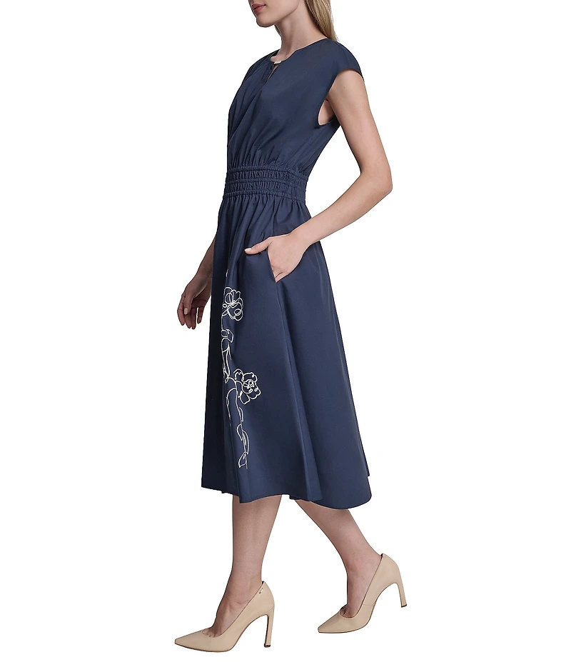 DKNY By Donna Karan Cap Sleeve Cinched Waist Faux Embroidered Midi Dress