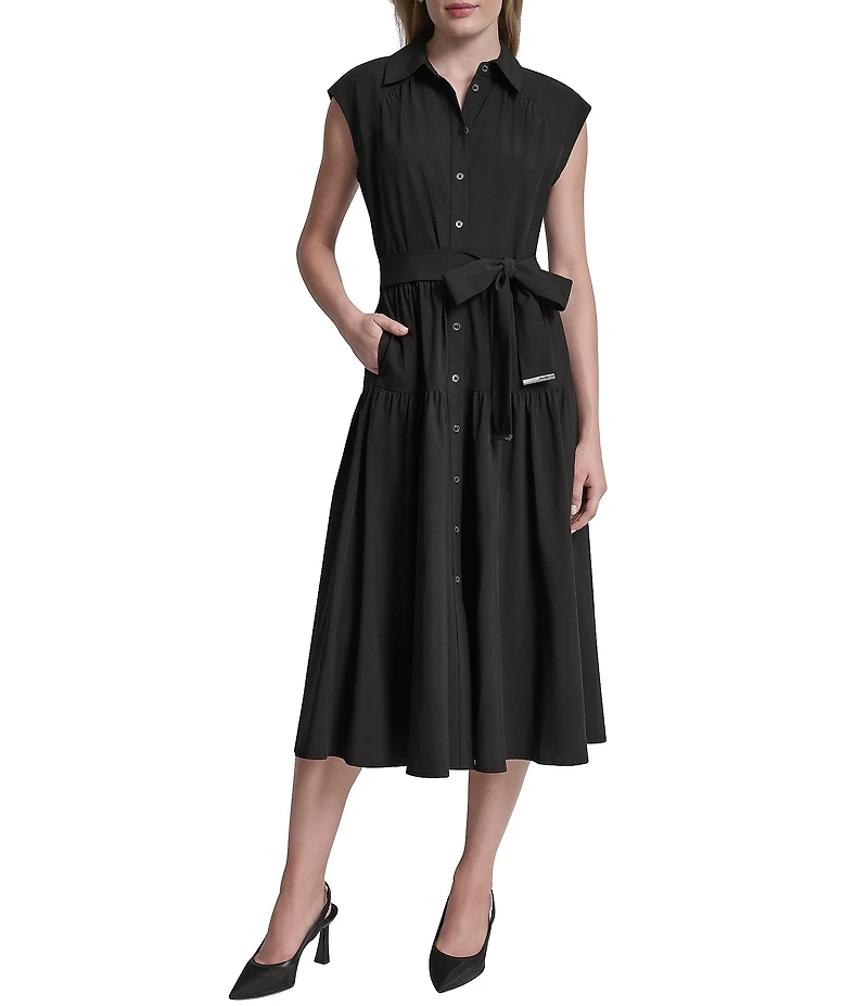 DKNY By Donna Karan Cap Sleeve Collared Neck Tie Waist Midi Shirt Dress