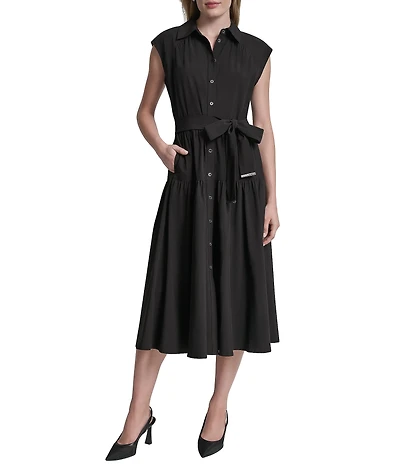 DKNY By Donna Karan Cap Sleeve Collared Neck Tie Waist Midi Shirt Dress