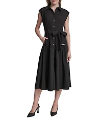 DKNY By Donna Karan Cap Sleeve Collared Neck Tie Waist Midi Shirt Dress