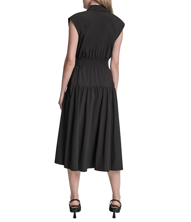 DKNY By Donna Karan Cap Sleeve Collared Neck Tie Waist Midi Shirt Dress